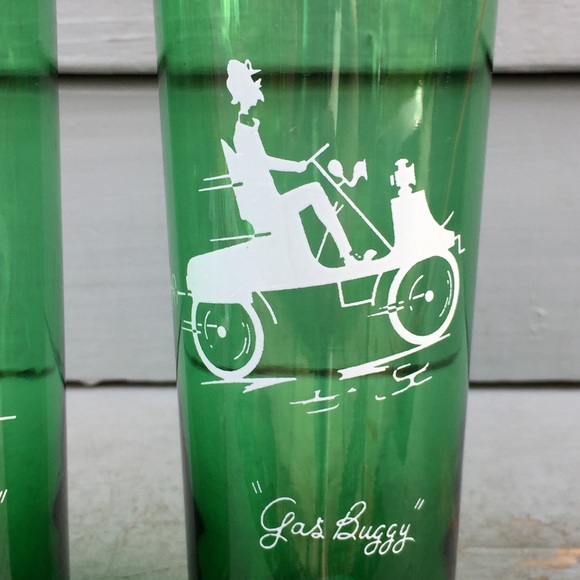 Two Vtg Forest Green Tall Glasses Tumblers HANSOM + GAS BUGGY Anchor Hocking - Picture 5 of 7